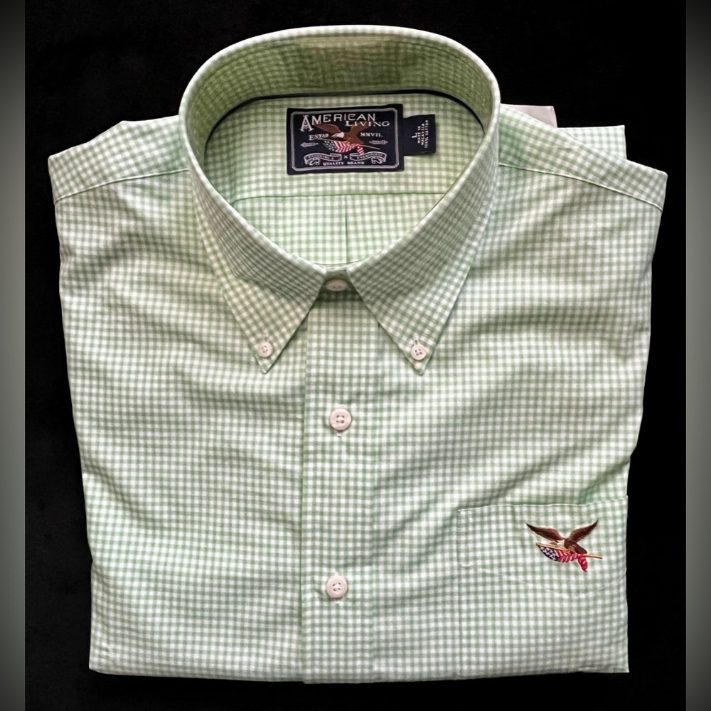 AMERICAN LIVING Stripe Green White 100% Cotton Short Sleeve Shirt Men's Size L
